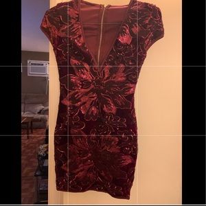 Burgundy Glittered Flower Imprint Sequin Dress